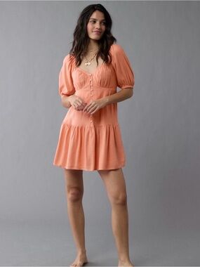 American Eagle Women's Peach Puff-Sleeve Mini Dress
